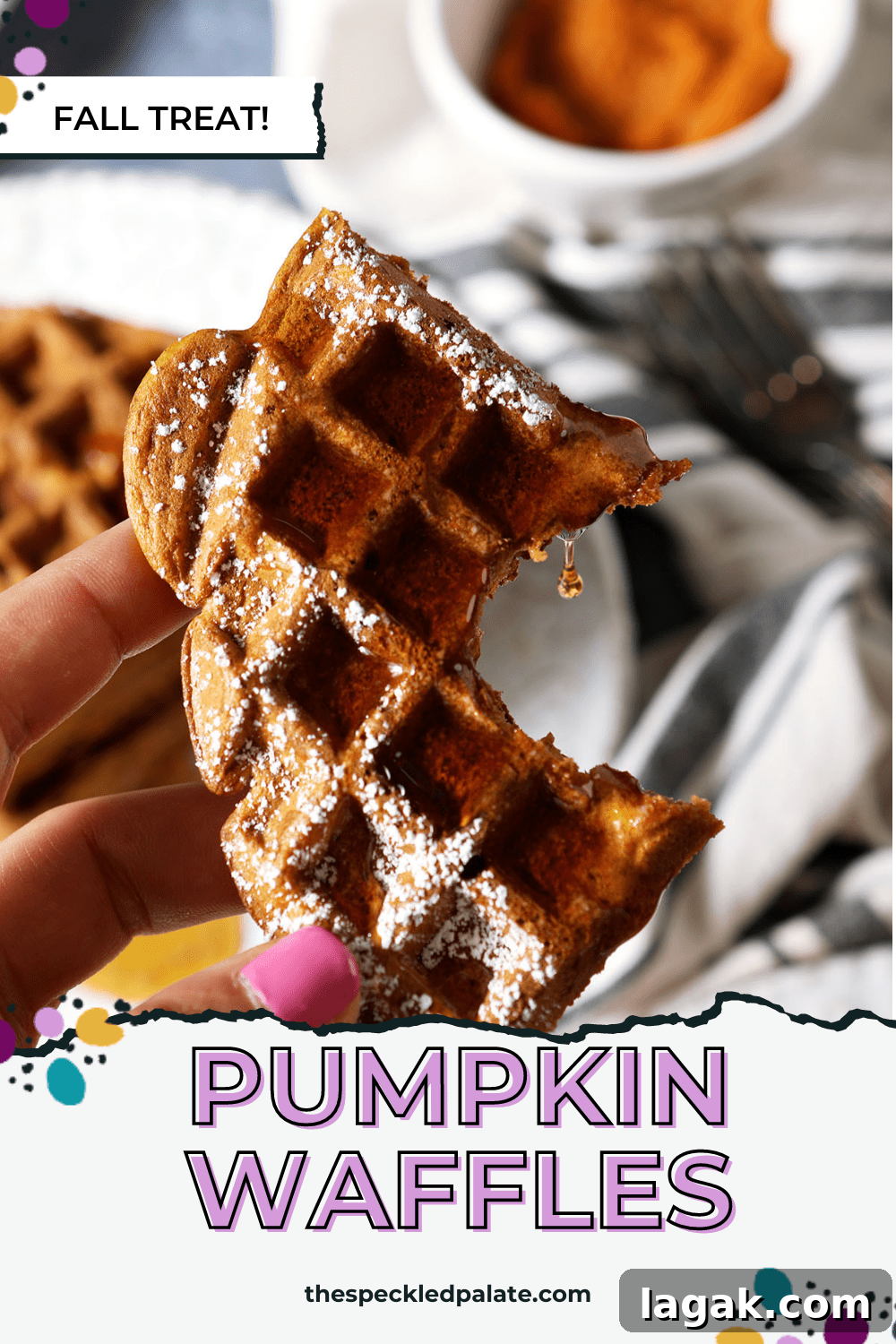 Pumpkin Waffles with Cinnamon Maple Syrup Recipe 12 a hand holds a bitten-into waffle covered in syrup next to a plate of more waffles with the text pumpkin waffles