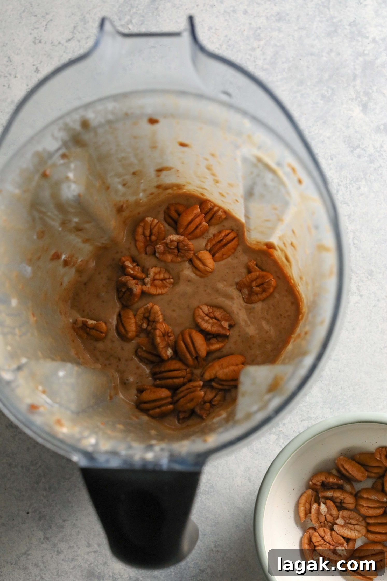 Chewy Pecan Pie Bars with Buttery Shortbread Crust 5 vegan pecan pie filling in blender with pecans Flora & Vino