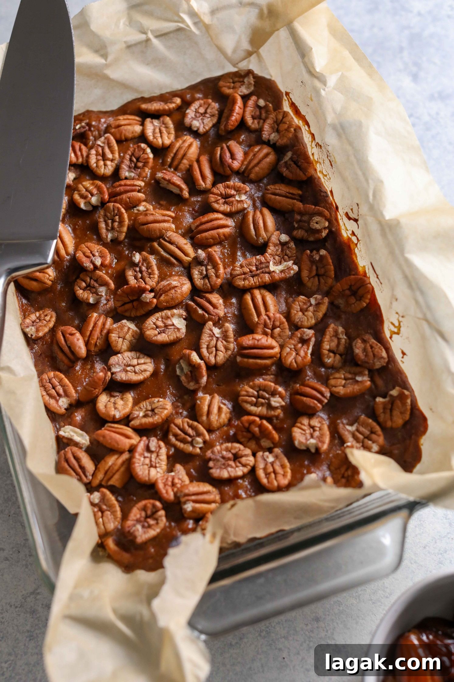 Chewy Pecan Pie Bars with Buttery Shortbread Crust 7 Pecan Pie Bars baked with knife by Flora & Vino