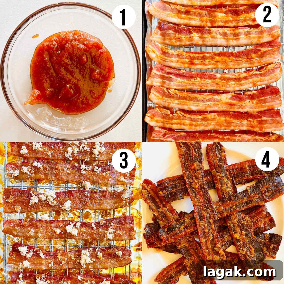 Savory Bacon Jerky: Homemade Recipe and Cooking Tips 4 labeled process shots to make bacon jerky