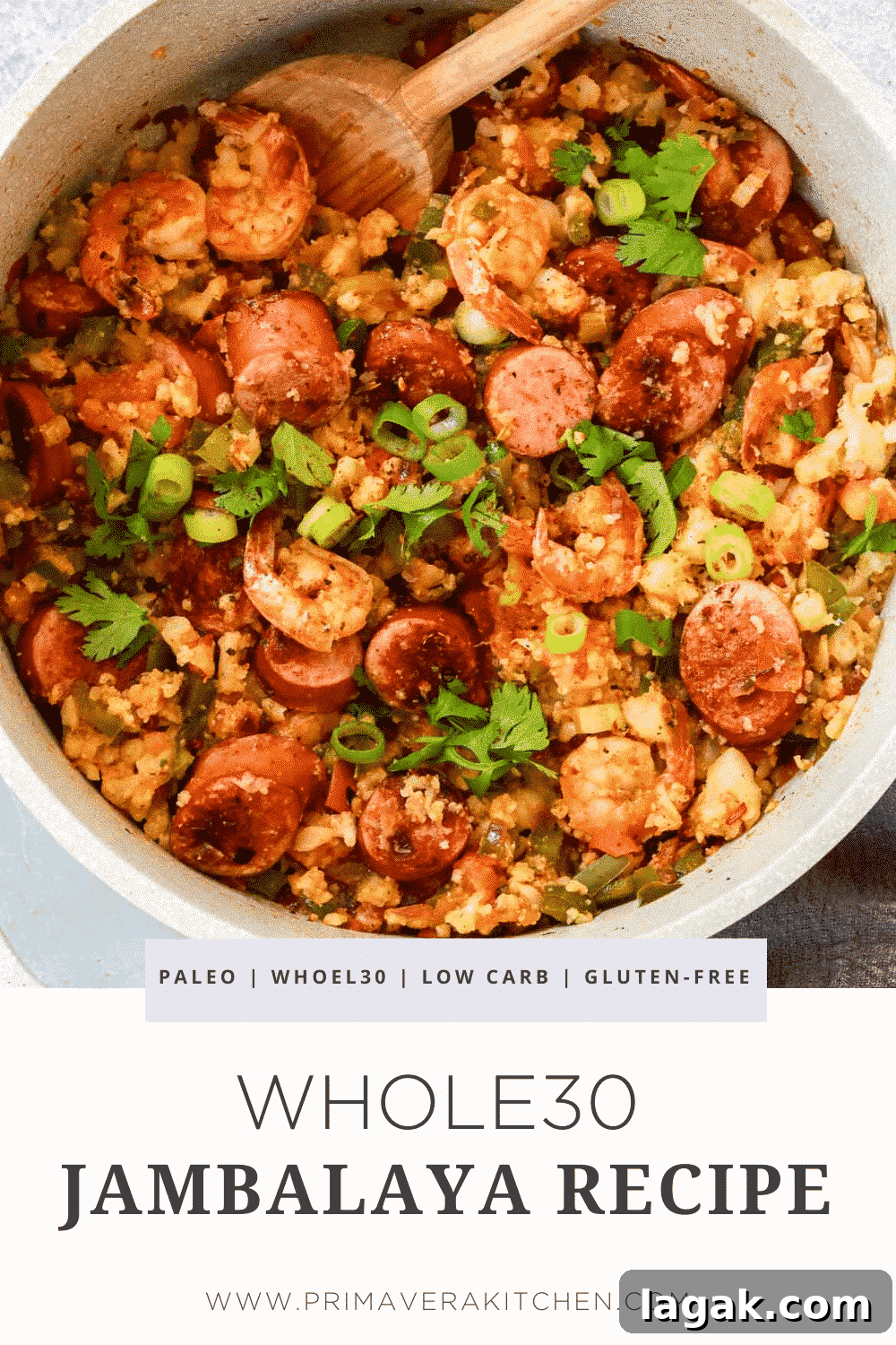 Whole30 Jambalaya: Spicy Cajun Chicken & Sausage Recipe 3 titled photo collage (and shown): Whole30 Jambalaya Recipe