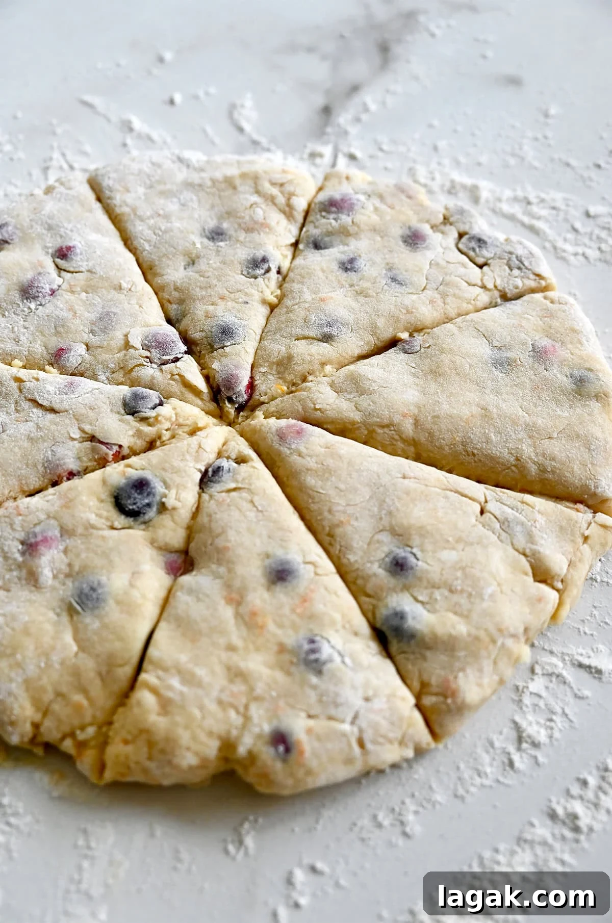 Cranberry Orange Scones with Sweet Citrus Glaze 9 A circle of orange cranberry scone dough cut into eight wedges.