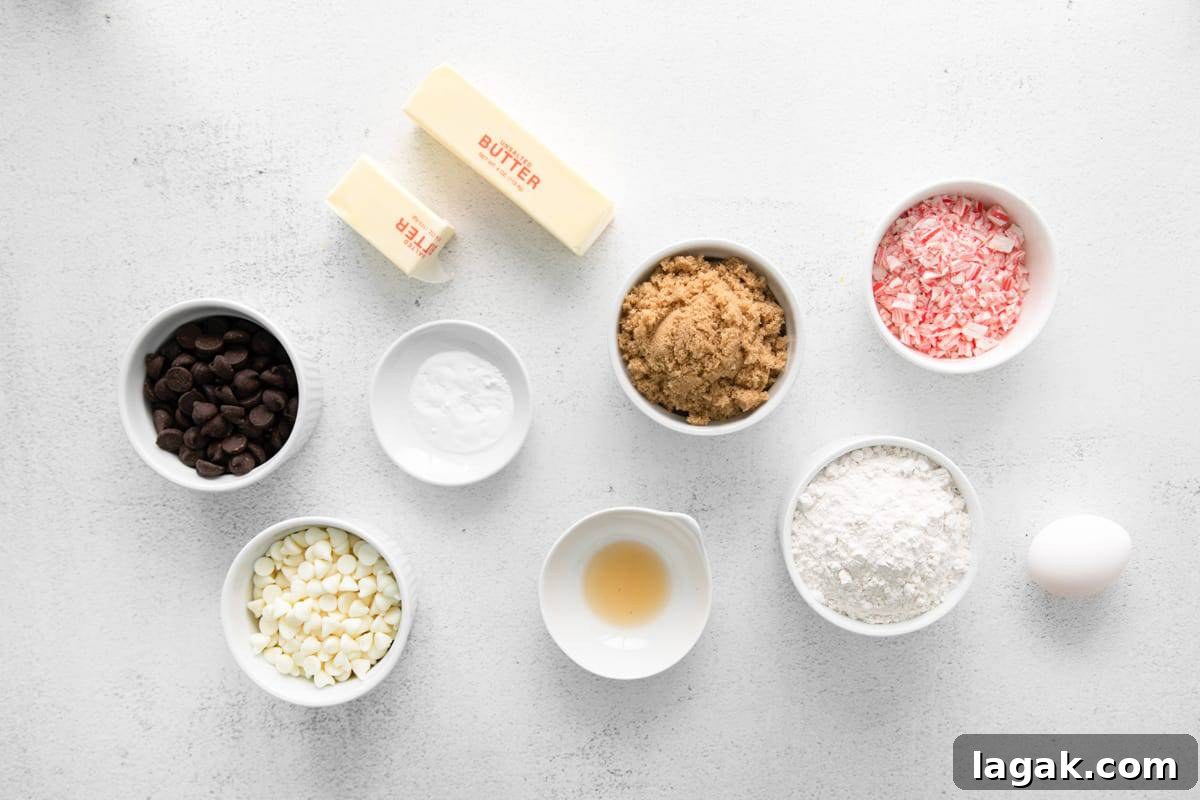 Peppermint Chocolate Chip Cookie Recipe: Crisp, Minty Holiday Cookies 5 portioned ingredients for peppermint chocolate chip cookies in individual bowls.