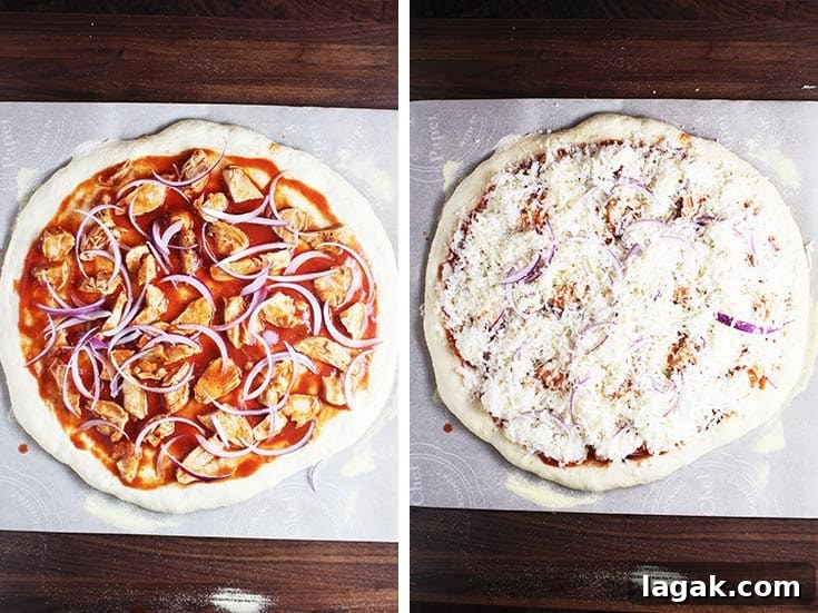 Buffalo Chicken Pizza Recipe: Spicy Homemade Pizza with Blue Cheese 5 Buffalo chicken pizza before it is topped with cheese and after