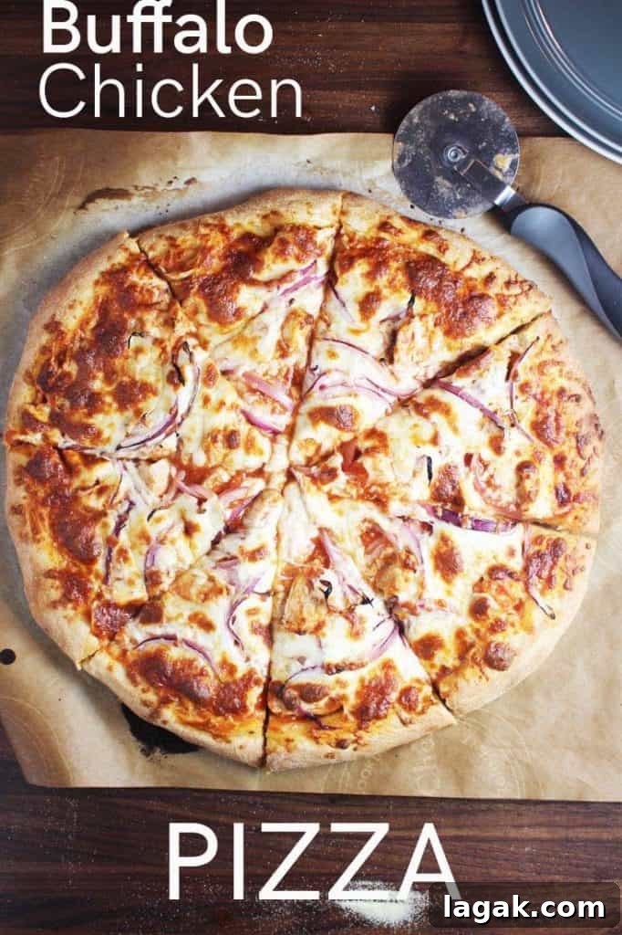 Buffalo Chicken Pizza Recipe: Spicy Homemade Pizza with Blue Cheese 6 A whole round Buffalo chicken pizza, sliced, on parchment paper