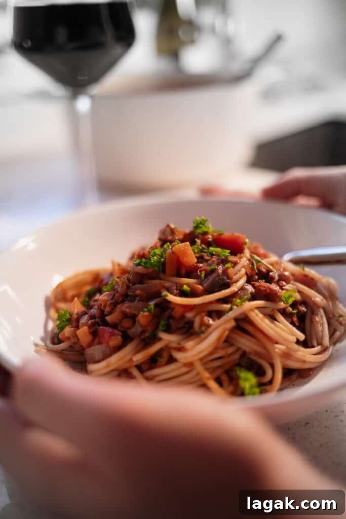 Close up of Best Ever Lentil Bolognese - Vegan, GF & Healthy! Georgie Eats.