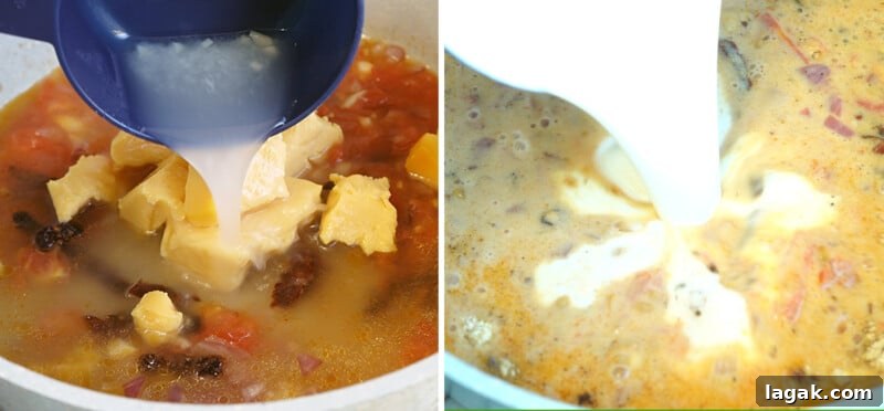 Creamy Velveeta One-Pot Chicken, Spinach & Tomato Pasta 5 Add the pasta water and add the heavy whipping cream