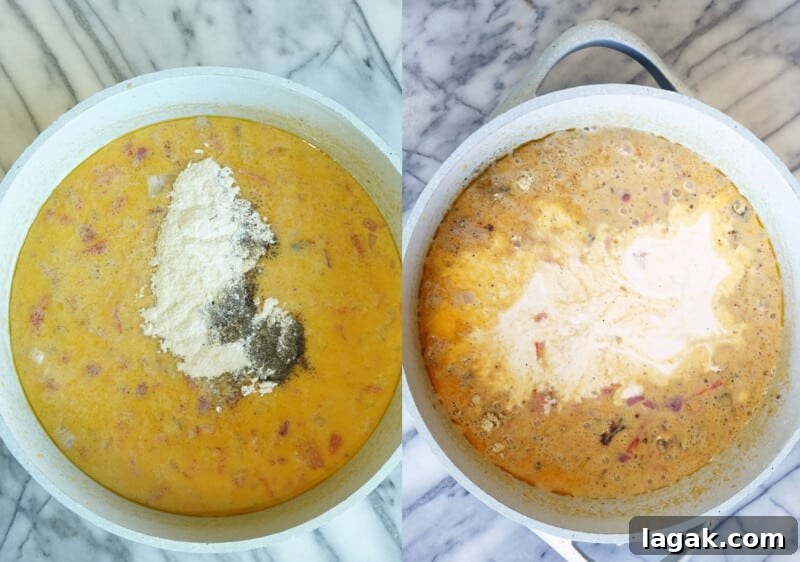 Creamy Velveeta One-Pot Chicken, Spinach & Tomato Pasta 6 Add the spices and the cream