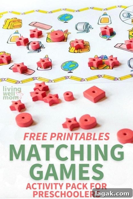 Printable Matching Games Pack for Preschoolers — Free Download 9 Pinterest image for free printables matching games activity pack for preschoolers.