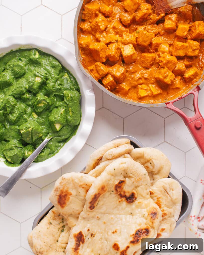 Homemade Paneer: Step-by-Step Recipe for Fresh Indian Cheese 5 Butter paneer with palak paneer and naan.