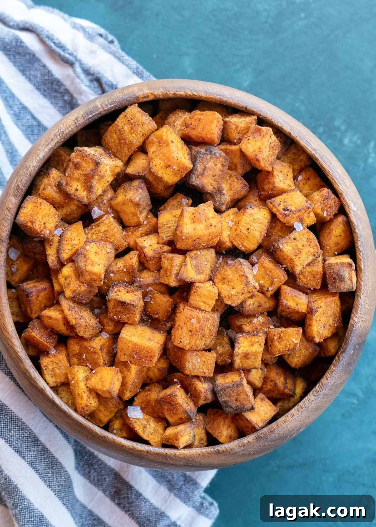 Crispy Air Fryer Sweet Potato Cubes Recipe 11 overhead shot of air fryer sweet potato cubes