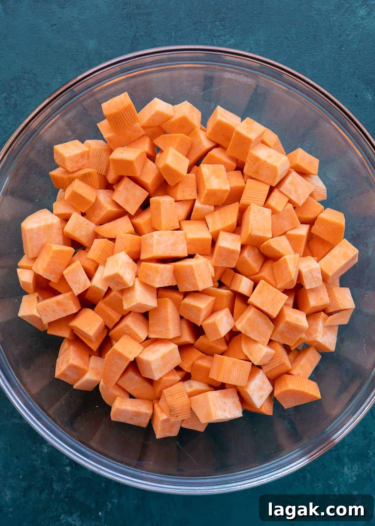 Crispy Air Fryer Sweet Potato Cubes Recipe 5 overhead shot of sweet potato cubes