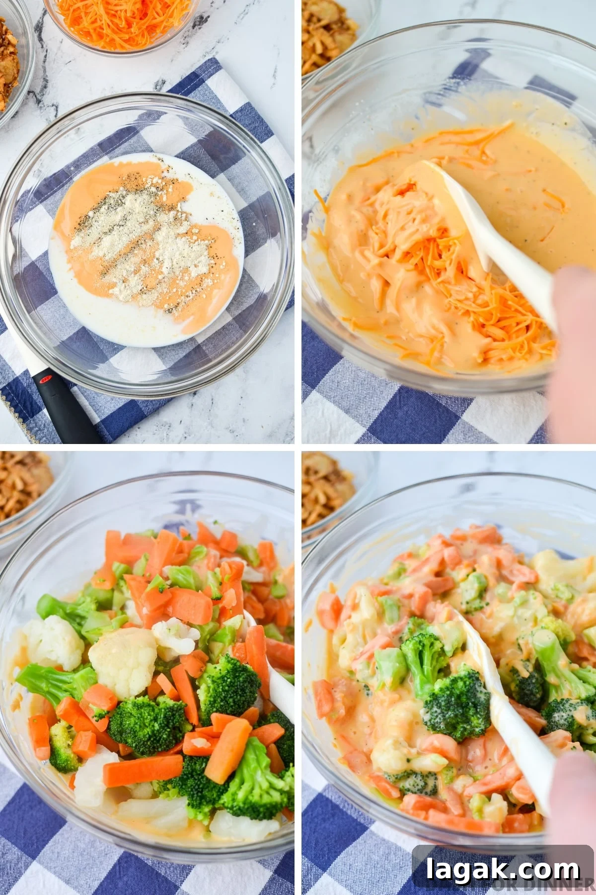 Adding cooked mixed vegetables to a cheesy sauce.
