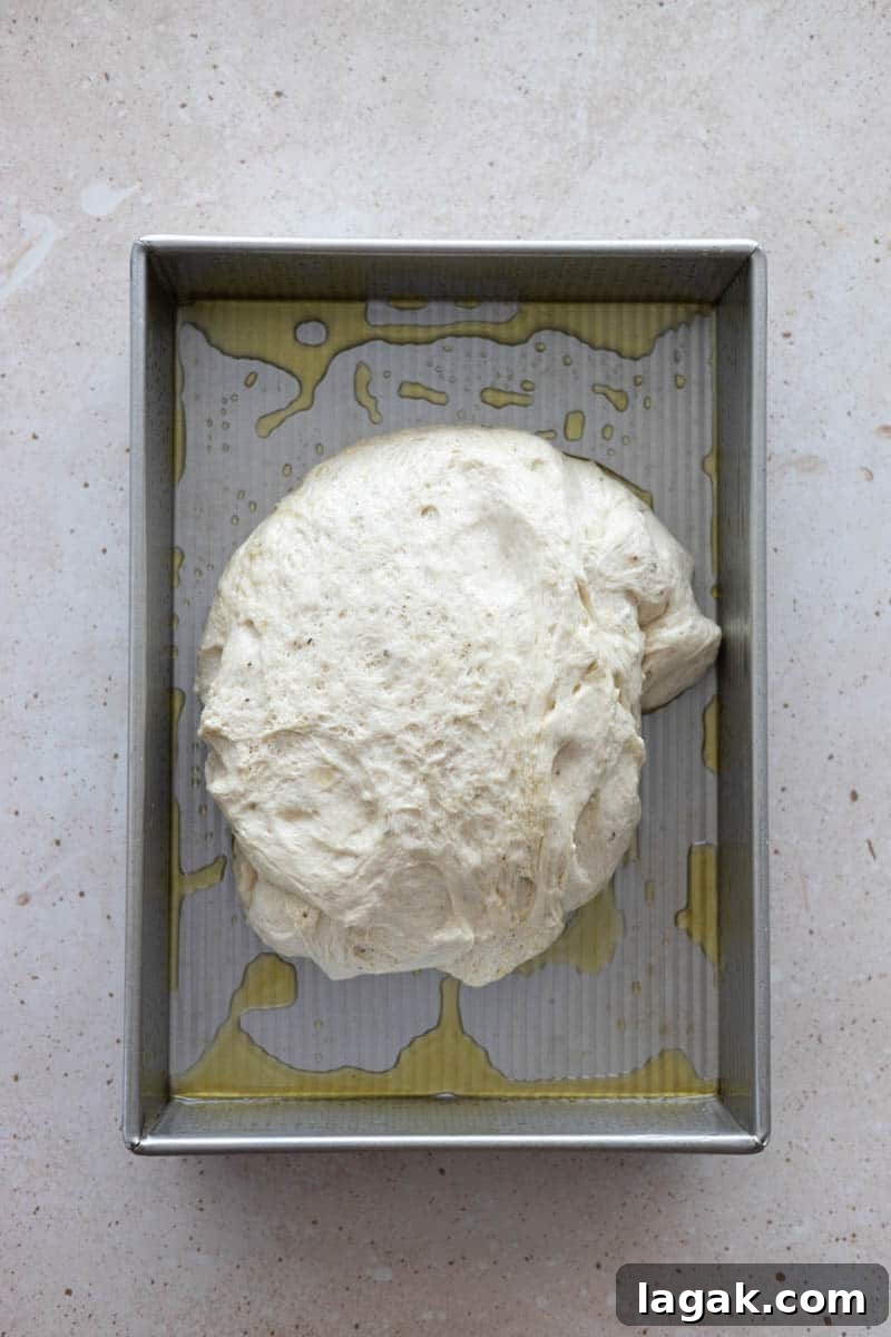 Black Pepper Focaccia Recipe: Crispy Crust & Aromatic Crumbs 5 Focaccia dough in a baking dish.