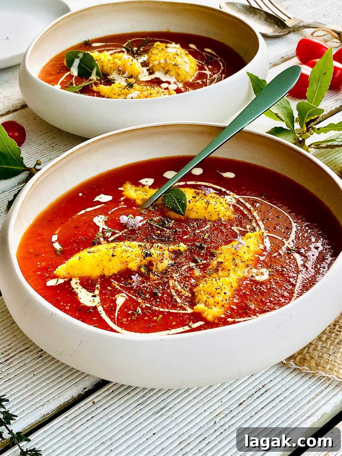 Tomato Polenta Dumpling Soup with Basil and Parmesan 3 Two bowls with tomato and polenta dumplings soup