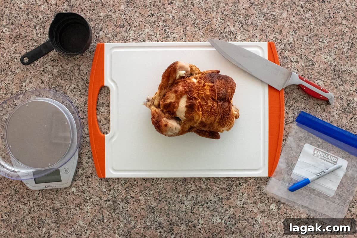 How to Cut and Shred Rotisserie Chicken: Portioning & Freezing Tips 2 A whole cooked rotisserie chicken sits on a white cutting board with orange handles. Nearby are a large knife, a digital kitchen scale, a measuring cup, and a resealable plastic bag with a marker.