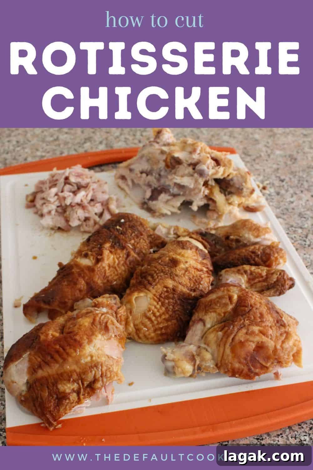 How to Cut and Shred Rotisserie Chicken: Portioning & Freezing Tips 3 A cutting board with carved rotisserie chicken pieces, chopped meat, and remaining bones. The image has a purple banner that reads how to cut rotisserie chicken and a website link at the bottom.
