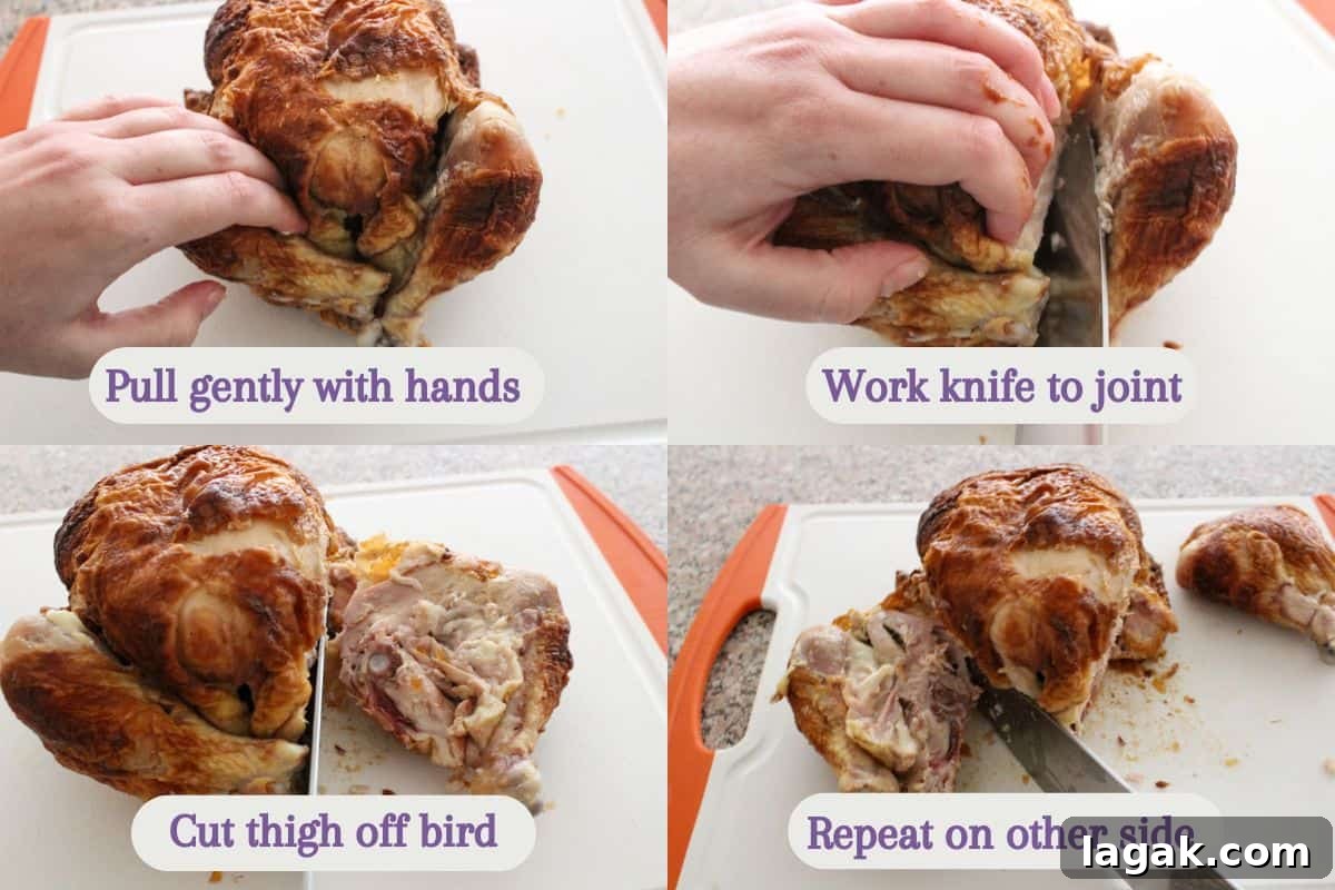 How to Cut and Shred Rotisserie Chicken: Portioning & Freezing Tips 5 A step-by-step guide with four photos shows how to carve a cooked chicken, including pulling with hands, working a knife to the joint, cutting the thigh off, and repeating on the other side.