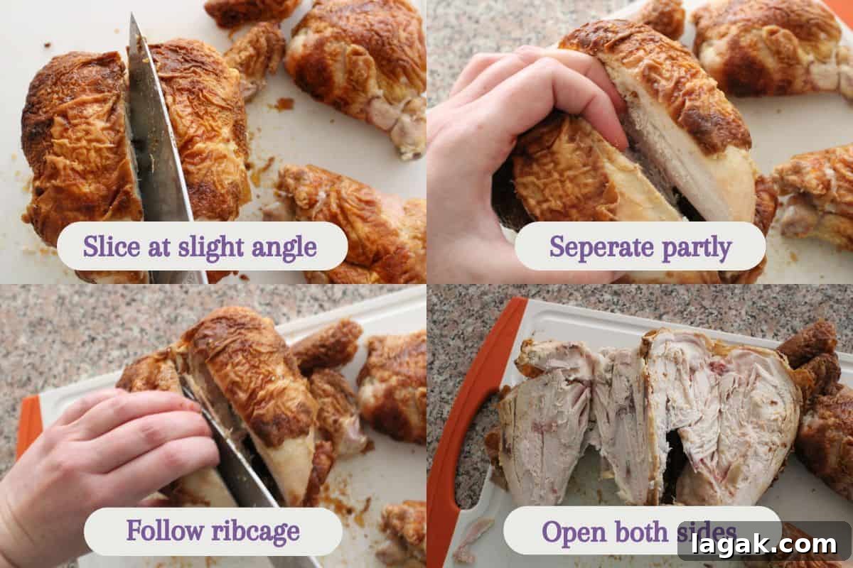 How to Cut and Shred Rotisserie Chicken: Portioning & Freezing Tips 7 Four-step photo guide to carving a rotisserie chicken: slicing at an angle, separating the chicken partly, cutting along the ribcage, and opening both sides to expose the inside. Each step is labeled in purple text.