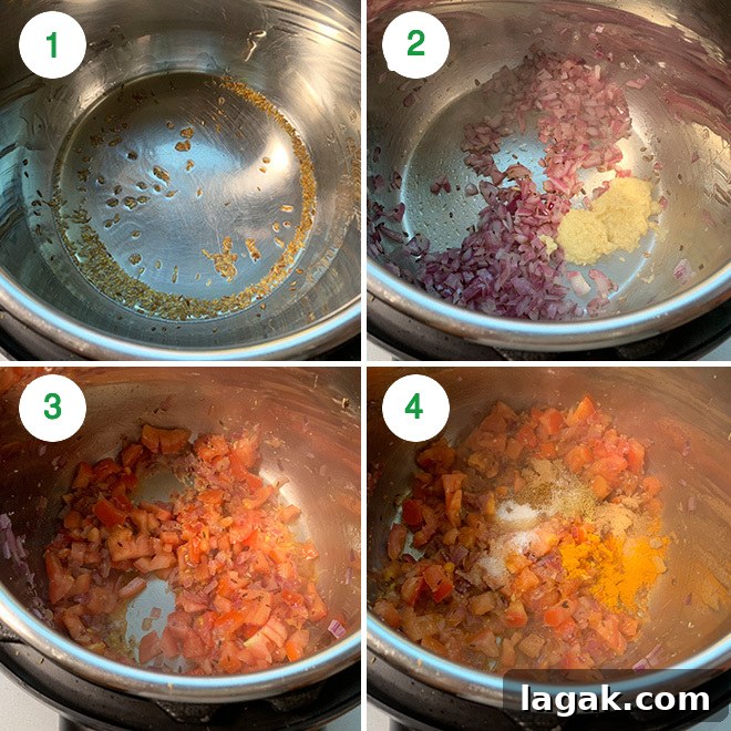 Instant Pot Aloo Gobi: Quick Spiced Potato & Cauliflower Curry 6 step by step picture collage of making aloo gobi in the instant pot
