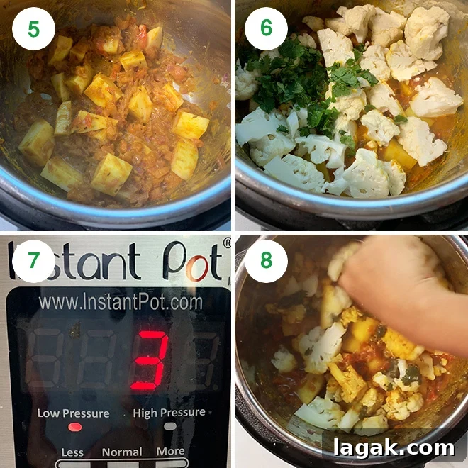 Instant Pot Aloo Gobi: Quick Spiced Potato & Cauliflower Curry 7 step by step picture collage of making aloo gobi in the instant pot