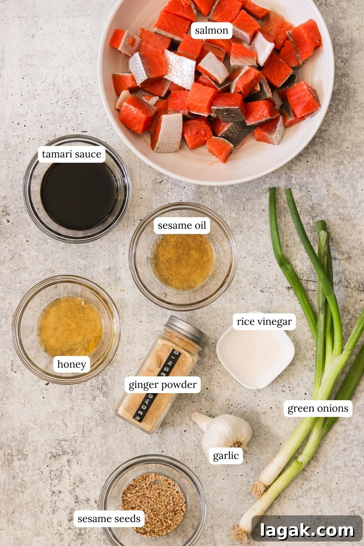 Crispy Air Fryer Teriyaki Salmon Recipe in 20 Minutes 3 recipe ingredients in small bowls and labeled