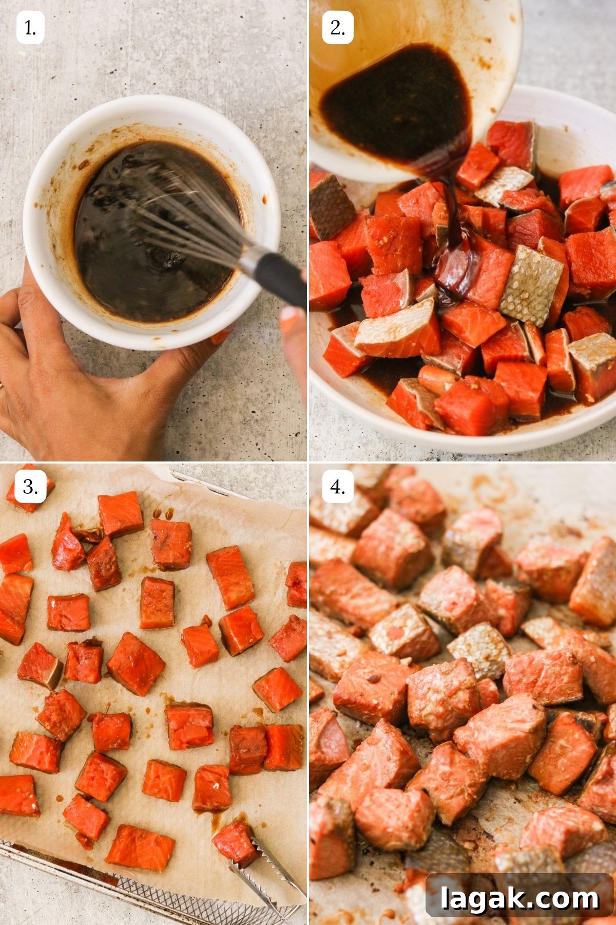 Crispy Air Fryer Teriyaki Salmon Recipe in 20 Minutes 4 numbered step by step photos showing how to make this recipe
