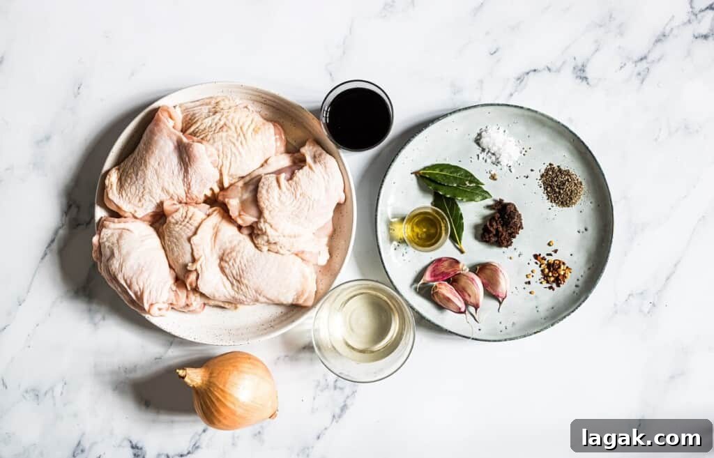 Instant Pot Filipino Chicken Adobo Recipe — Quick Authentic Flavor 3 cut up chicken, bay leaves, garlic, onions, salt, pepper, soy sauce, vinegar