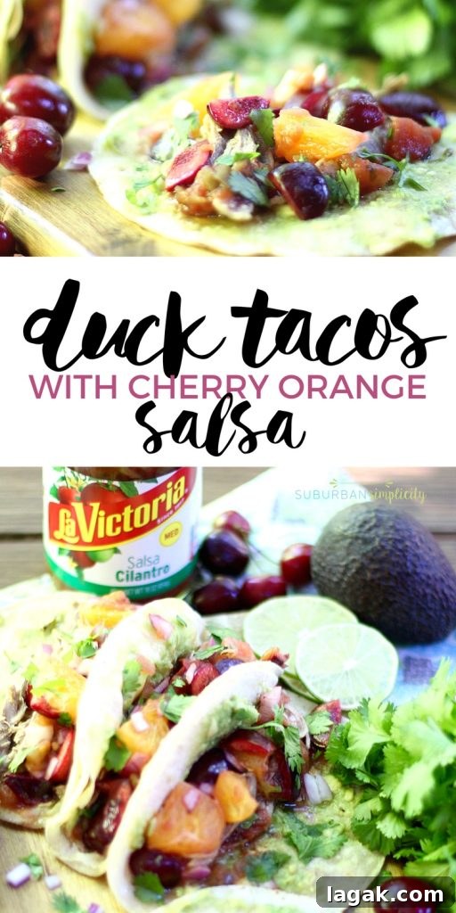 Duck Tacos with Cherry-Orange Salsa for Bold Flavor 2 Duck Tacos with Cherry Orange Salsa is a flavorful summer dinner recipe that'll wow your tastebuds. Sweet cherries, tart citrus, avocado, onions and chiles make the dish come alive!
