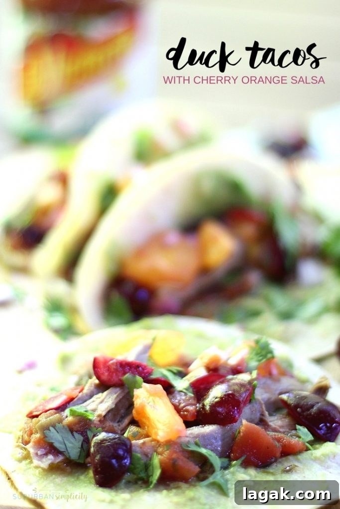 Duck Tacos with Cherry-Orange Salsa for Bold Flavor 3 Duck Tacos with Cherry Orange Salsa is a flavorful summer recipe that'll wow your tastebuds. Sweet cherries, tart citrus, avocado, onions and chiles make the dish come alive!