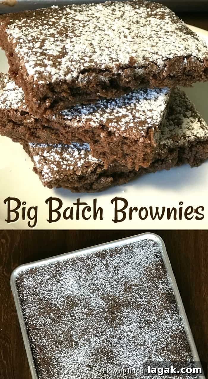 Collage of thin chocolate browines and big batch of homemade brownies with text