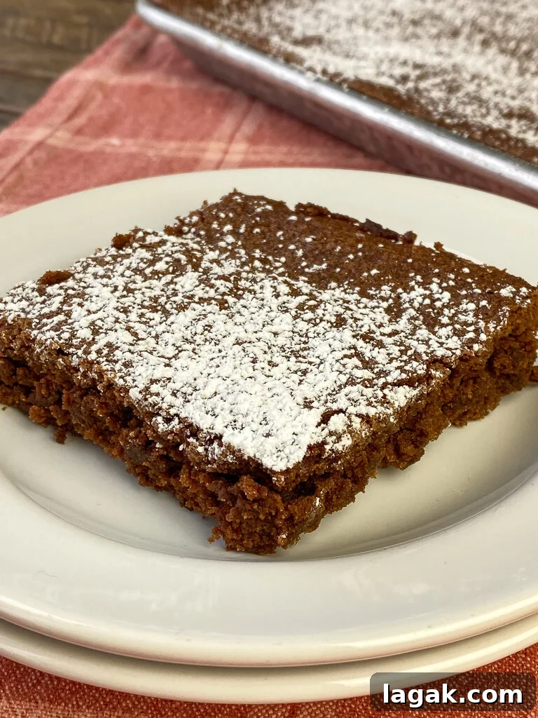 Large homemade brownie dusted with powdered sugar on a white plate on a red plaid napkin