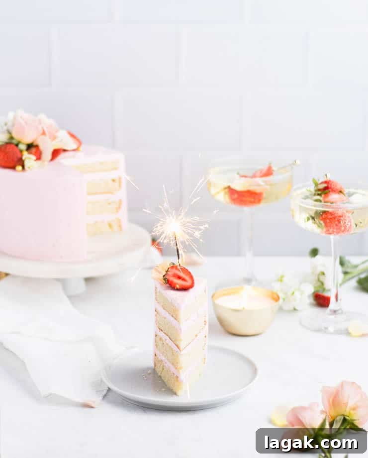 Strawberry Champagne Layer Cake — Festive Recipe for Entertaining 2 Front view of cake slice on a plate with glasses of champagne and a cake in the background