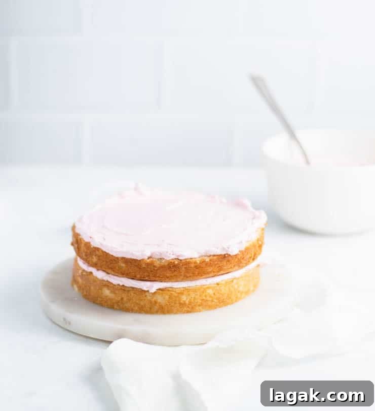 Strawberry Champagne Layer Cake — Festive Recipe for Entertaining 4 two layers of cake frosted and stacked