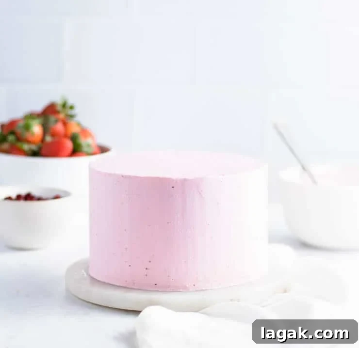 Strawberry Champagne Layer Cake — Festive Recipe for Entertaining 5 side view of frosted cake