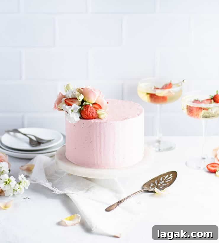 Strawberry Champagne Layer Cake — Festive Recipe for Entertaining 6 front view of champagne cake with glasses of champagne in the background
