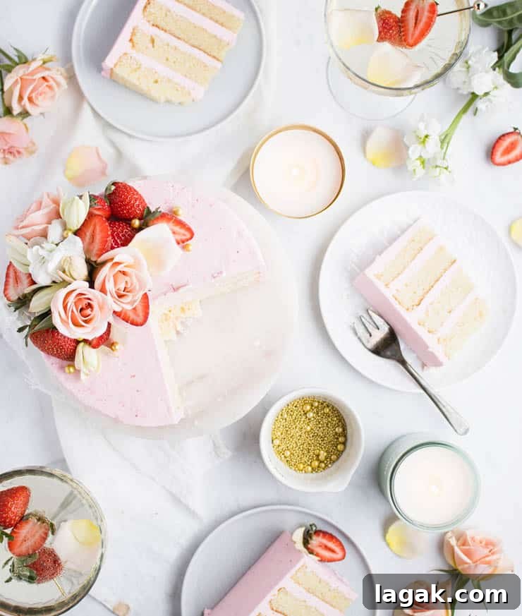 Strawberry Champagne Layer Cake — Festive Recipe for Entertaining 7 overhead view of sliced strawberry champagne cake with plated slices