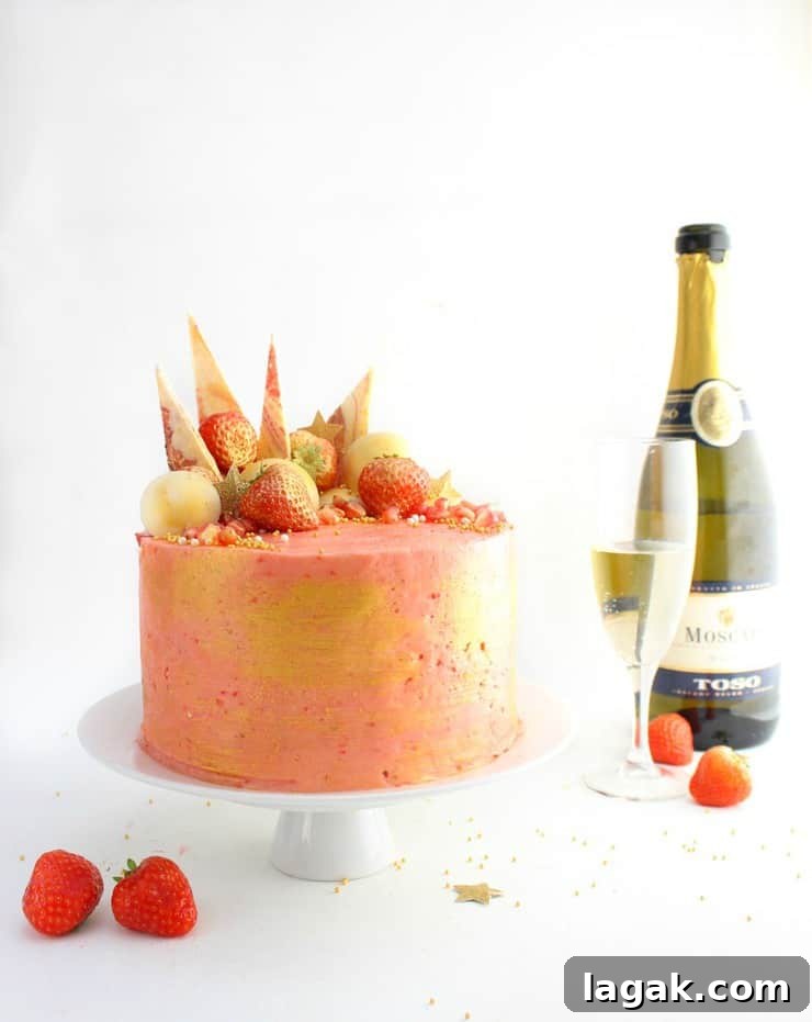 Strawberry Champagne Layer Cake — Festive Recipe for Entertaining 9 This strawberry champagne cake is the perfect boozy, bubbly, colorful addition to your next party! | The Simple, Sweet Life