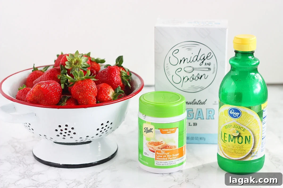 Strawberry Jam Recipe with Pectin: Smooth, Spreadable Preserves 3 Ingredients needed to make homemade strawberry preserves.