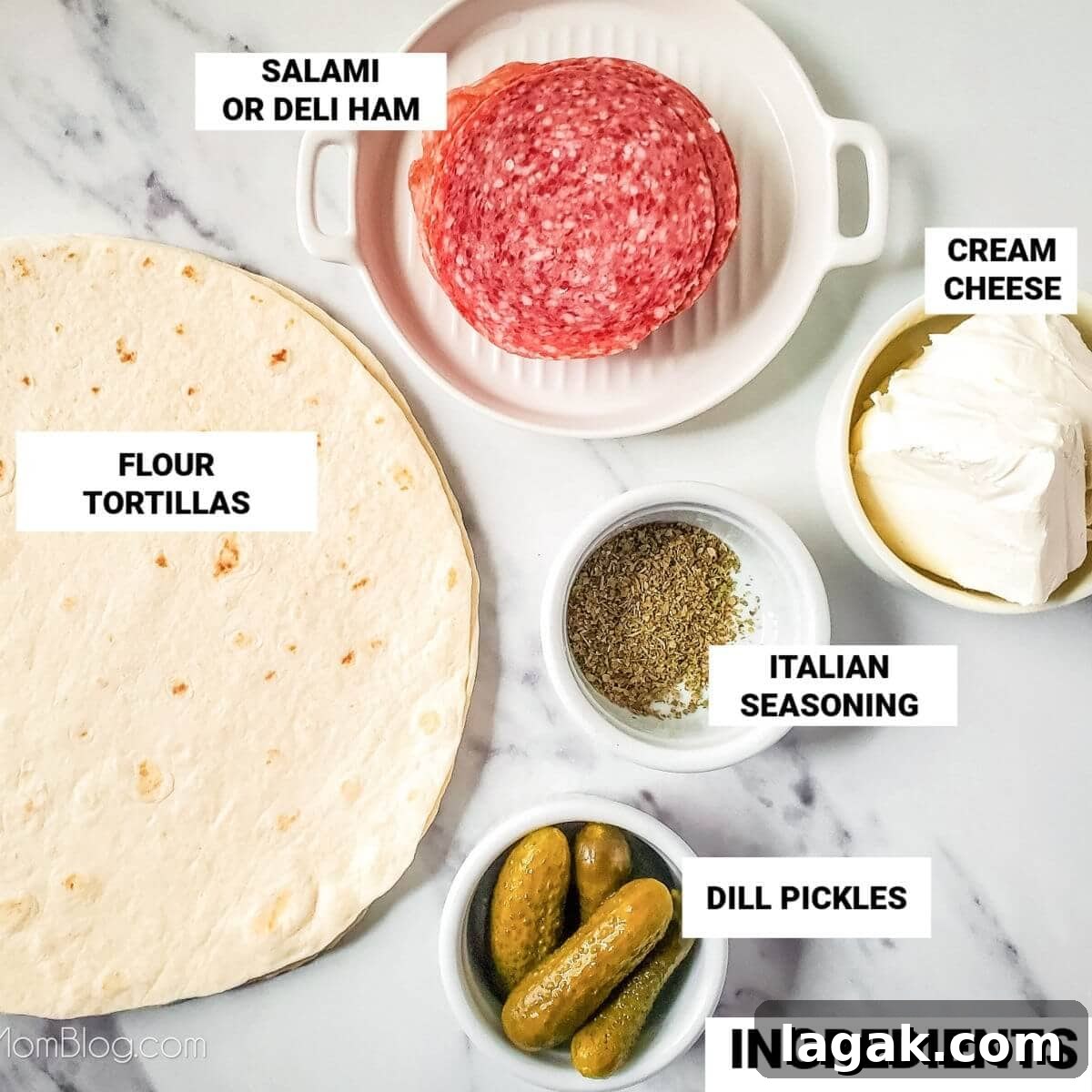 Dill Pickle Roll-Ups: Tangy Appetizer Recipe for Parties 4 Dill Pickle Pinwheels Ingredients, with text labels