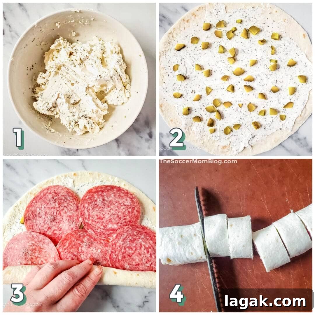 Dill Pickle Roll-Ups: Tangy Appetizer Recipe for Parties 5 4 step photo collage showing how to make dill pickle roll ups with cream cheese and salami