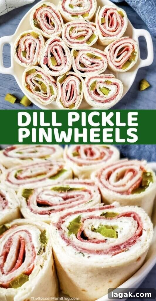 Dill Pickle Roll-Ups: Tangy Appetizer Recipe for Parties 9 Dill Pickle Pinwheels Pinterest Image, showing a close up and top down photo