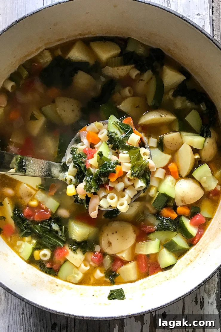 Refreshing Summer Minestrone Recipe for Seasonal Veggies 5 In soup pot with ladle of soup