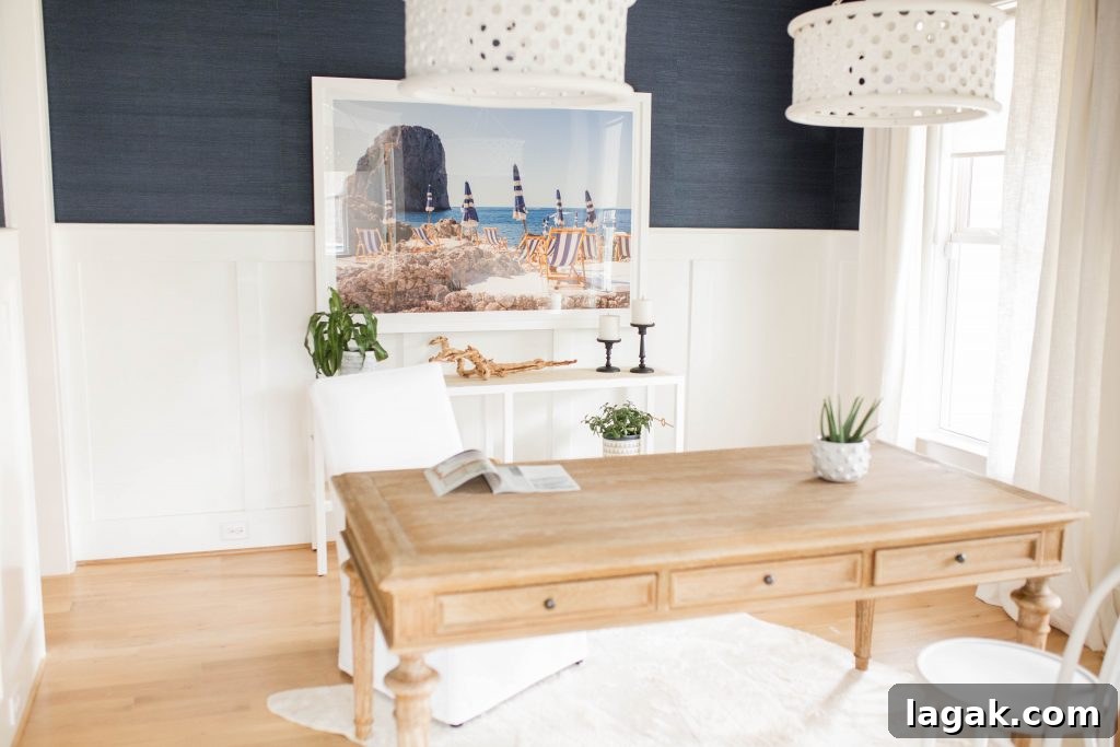 an office with la Fontelina loungers on the wall, a Gray Malin print