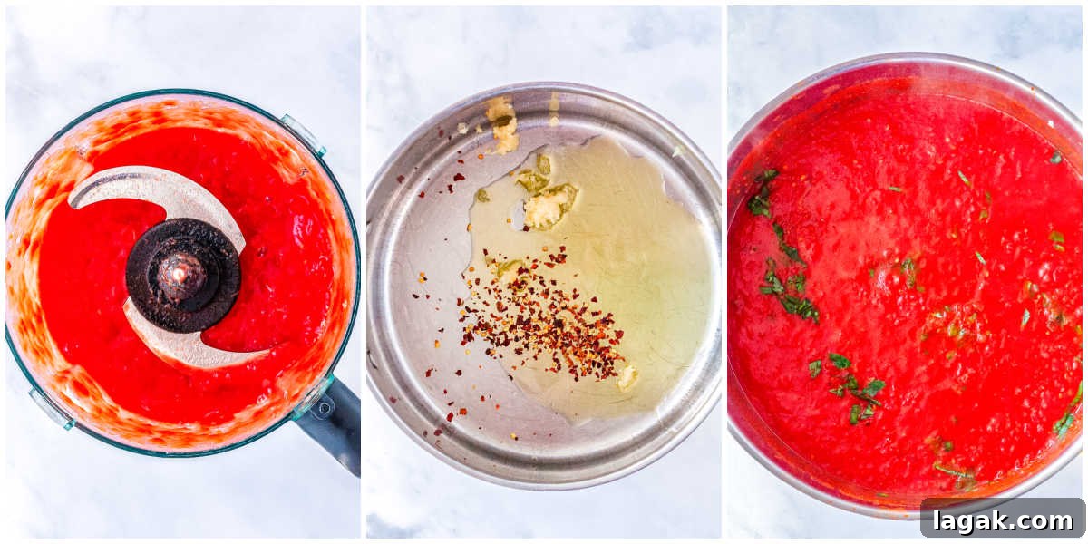 Creamy Three-Cheese Manicotti with Homemade Tomato Sauce 6 A three-step process shot showing the sauce preparation: blending the tomatoes, sautéing garlic and red pepper flakes in a pan, and simmering the finished tomato sauce.