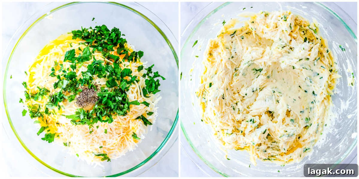 Creamy Three-Cheese Manicotti with Homemade Tomato Sauce 7 Two images showing the filling instructions: a glass bowl containing unmixed ricotta, eggs, and herbs, next to the bowl with the ingredients fully combined into a creamy filling.