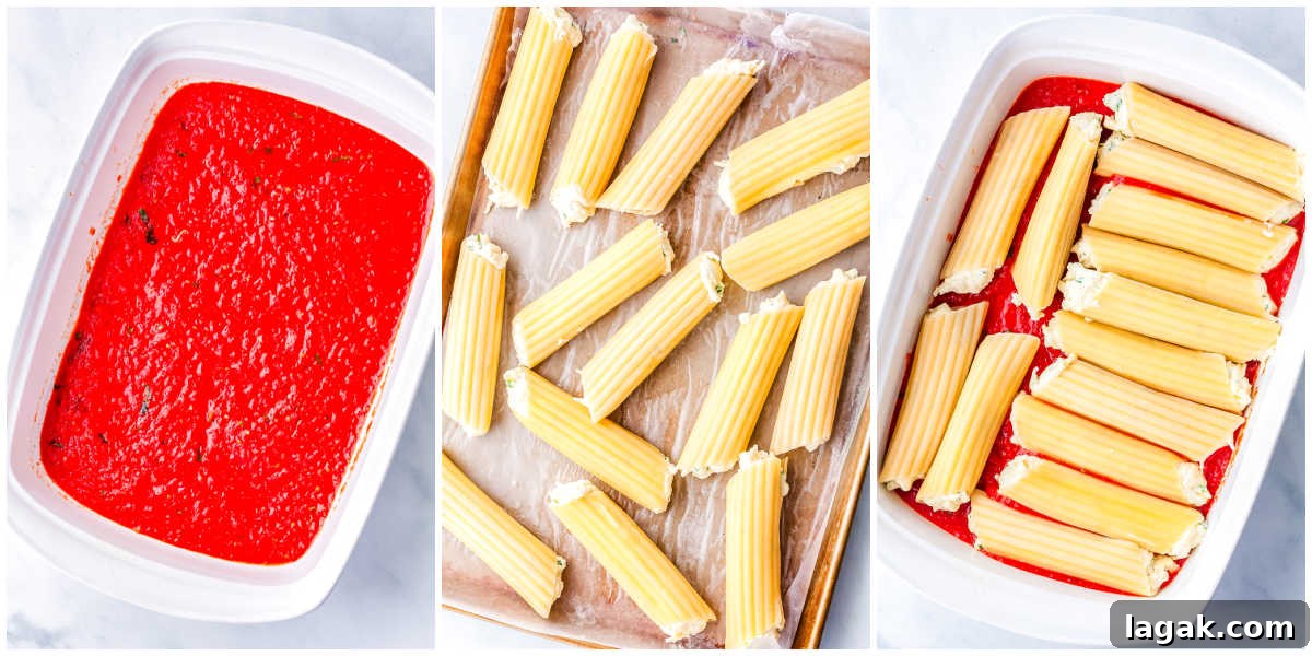 Creamy Three-Cheese Manicotti with Homemade Tomato Sauce 8 A collage showing the assembly: spreading sauce in the baking dish, the filled pasta tubes resting on a tray, and the stuffed manicotti arranged in rows inside the dish.