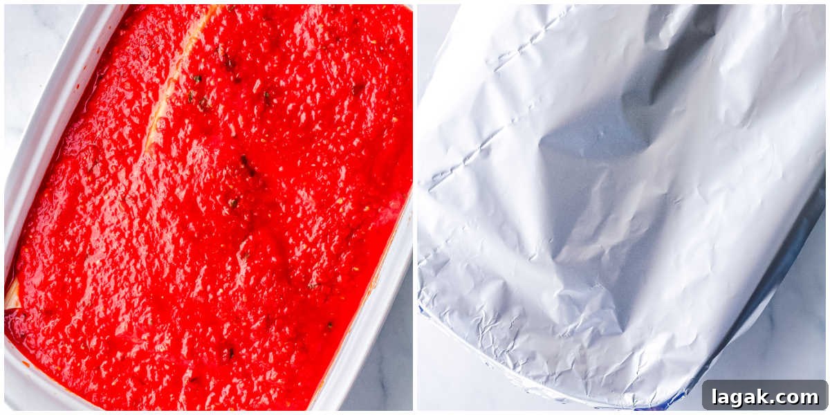 Creamy Three-Cheese Manicotti with Homemade Tomato Sauce 9 Two images showing the final steps before baking: the pasta covered completely with the remaining tomato sauce, and the baking dish wrapped tightly in aluminum foil.