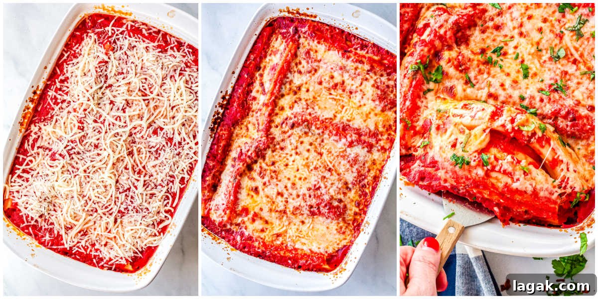 Creamy Three-Cheese Manicotti with Homemade Tomato Sauce 10 A collage showing the finishing steps: the baked pasta sprinkled with shredded cheese, the fully broiled golden-brown casserole, and a spatula lifting a serving out of the pan.