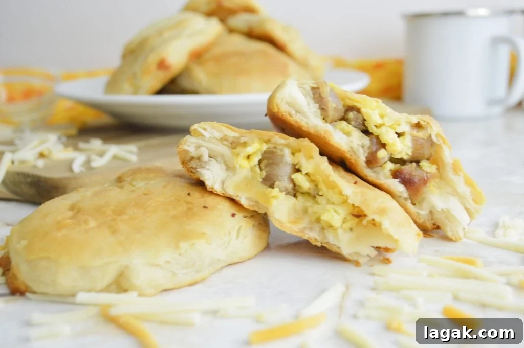 Sausage Egg & Cheese Stuffed Biscuits split open stacked 
